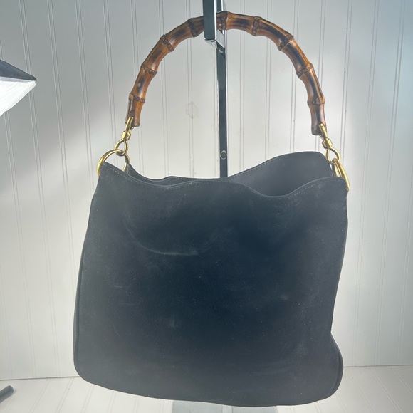 Gucci Black Suede Shoulder Bag with Bamboo Handle - Picture 2 of 11